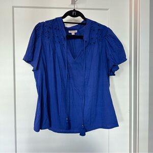 Knox Rose Blue Linen Tie Neck Embroidered Top